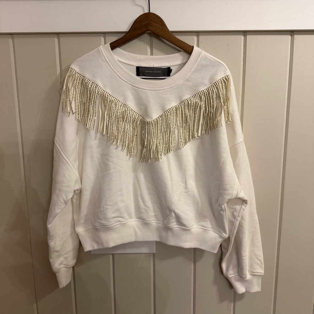 Code x Mode White w/ Gold Fringe Sweatshirt, Size Large, NWOT